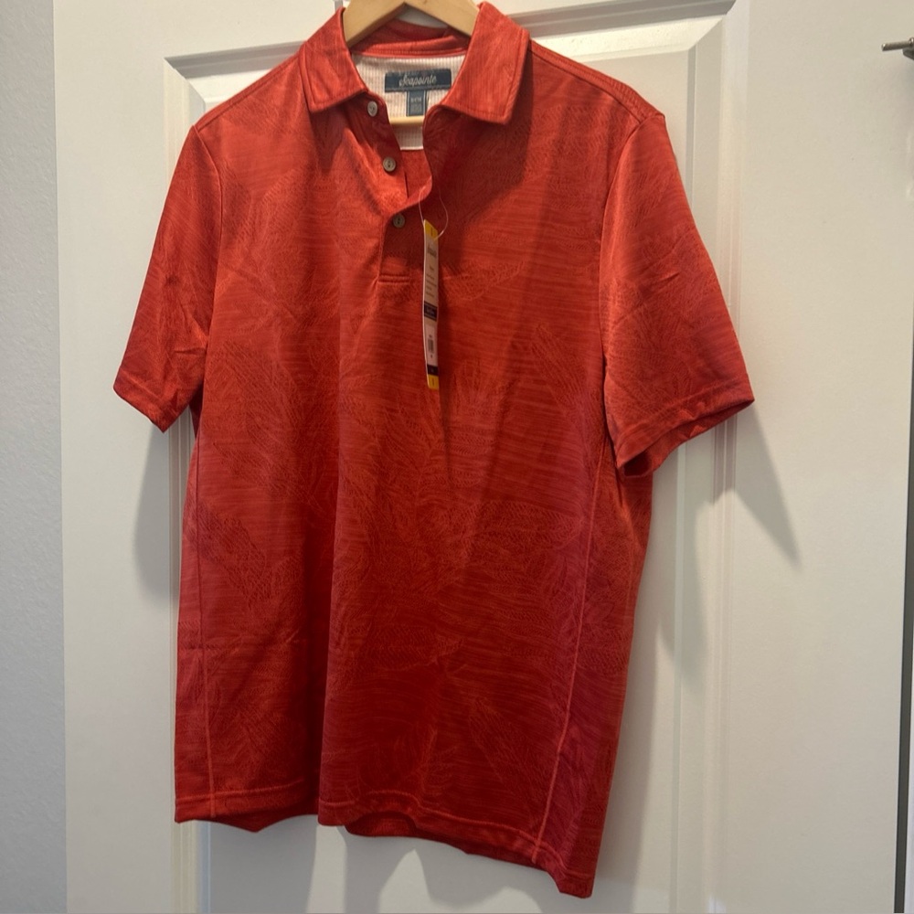 Seapointe Red Short-Sleeve Polo Shirt with a Subtle Palm Print Small NWT